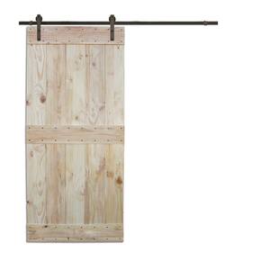 36 in. x 84 in. 2-Side Mid-Bar Wood Color Pine Slab Interior Sliding Barn Door with 6 ft. Hardware Kit