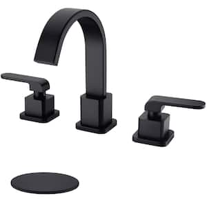 2-Handle 8 in. Matte Black Widespread Bathroom Faucet Brass Waterfall Vanity Sink Faucet with Overflow Pop Up Drain