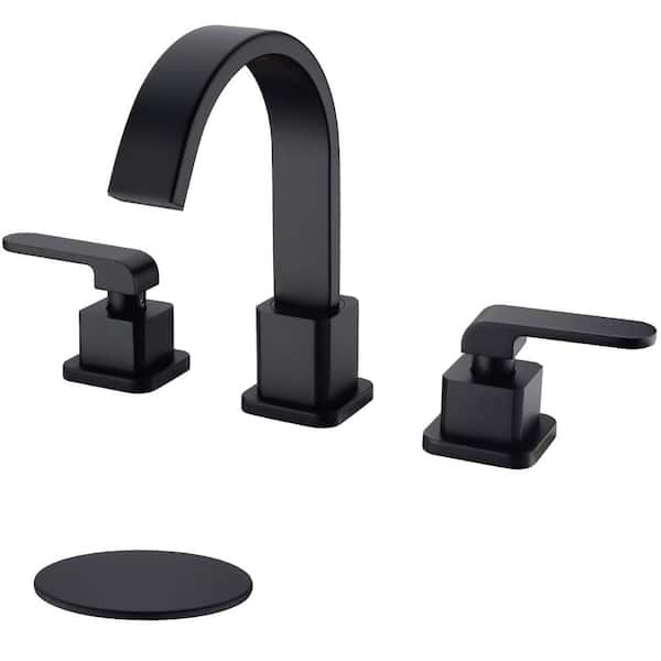 TRUSTMI 2-Handle 8 in. Matte Black Widespread Bathroom Faucet Brass Waterfall Vanity Sink Faucet with Overflow Pop Up Drain