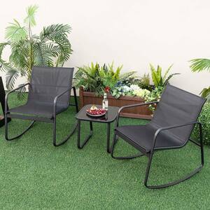 3-Piece Metal Outdoor Bistro Patio Rocking Set 2 Rocking Bistro Chairs and Glass-Top Table for Porch