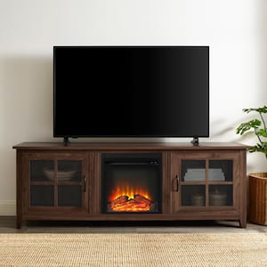 Simple 70 in. Dark Walnut 2-Door TV Stand with Electric Fireplace (Max tv size 75 in.)