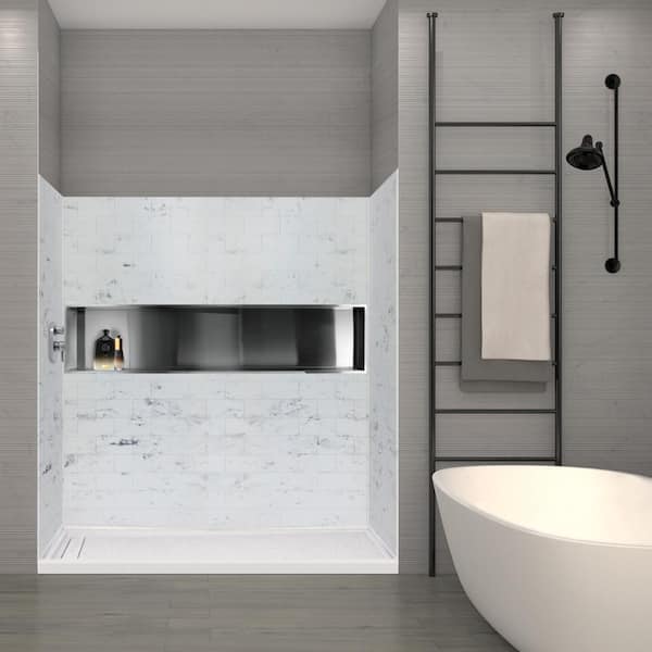 SaraMar 36 in. x 36 in. x 72 in. 3-Piece Easy Up Adhesive Alcove Shower Wall Surround in White Venito SaraMar 36 in. x 36 in. x 72 in. 3-Piece Easy Up Adhesive Alcove Shower Wall Surround in White Venito
