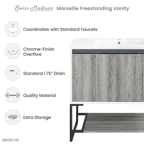 Marseille 36 in. Single, 2 Doors, 1 Drawer, Open Shelf Bathroom Vanity in White with White Countertop with White Basin