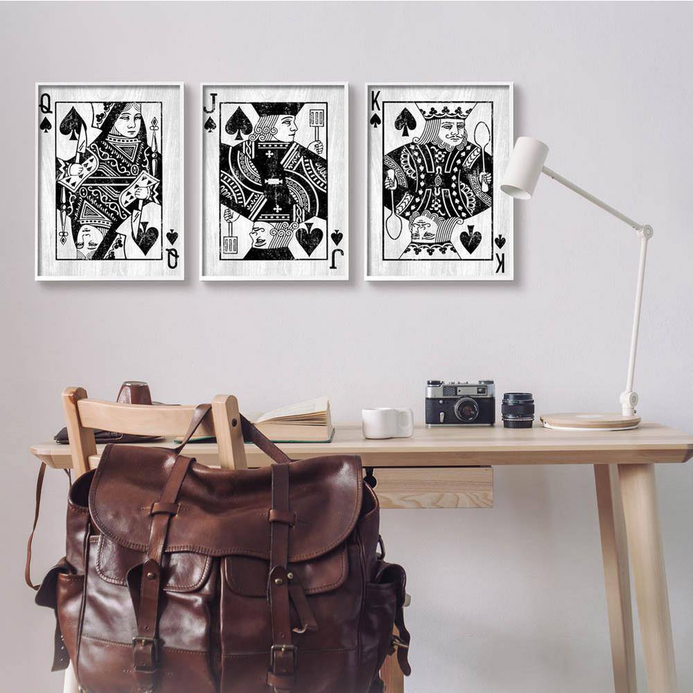 Queen Jack King Spade Cards Black and White Framed Canvas Art Set