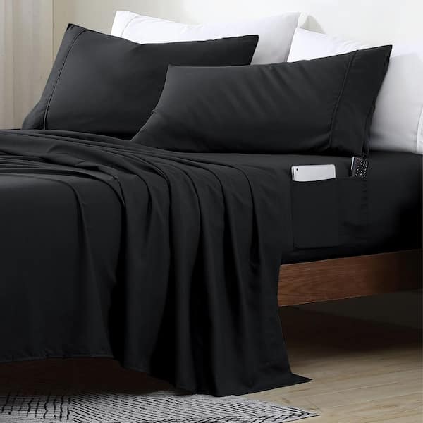 Queen Size Microfiber Sheet Set with 8 in. Double Storage Side Pockets, Black