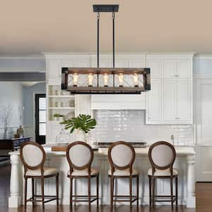 5-Light 31.5 in. W French Country Black/Dark Gray Wooden Chandelier Rectangle Pendant for Dining Room Kitchen Island