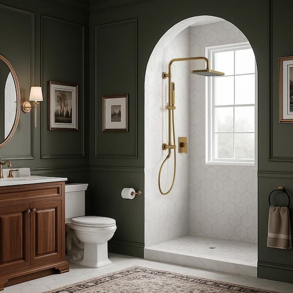 5-Spray Rectangle High Pressure Wall Mount Dual Fixed and Handheld Shower Head 2.5 GPM in Brushed Gold (Valve Included)