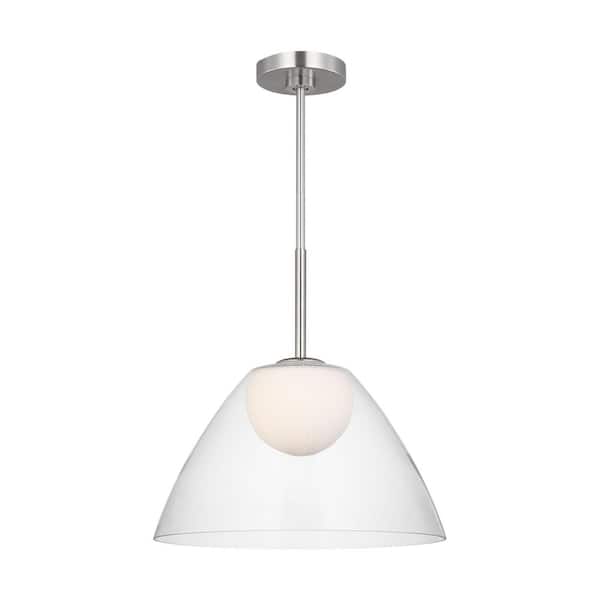 Suma 16 in. W x 16.375 in. H 1-Light Brushed Nickel Modern Pendant Light with White Opal Etched and Clear Glass Shade
