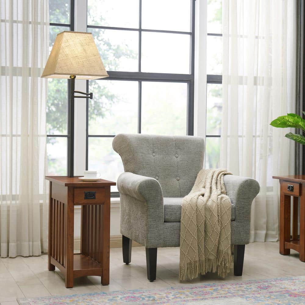 Mission Style 22.5'' Medium Oak Wood & Metal Chairside Table with Storage