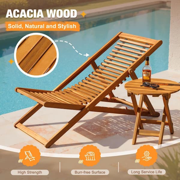 Tozey 3-Pieces Acacia Wood Outdoor Bistro Set with Folding Chaise