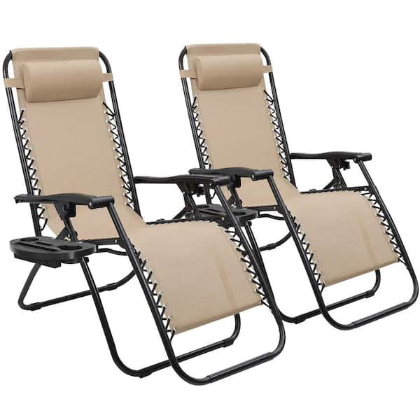 Angel Sar 2-Piece Zero Gravity Folding Adjustable Outdoor Lounge Chair with Pillow, Beige