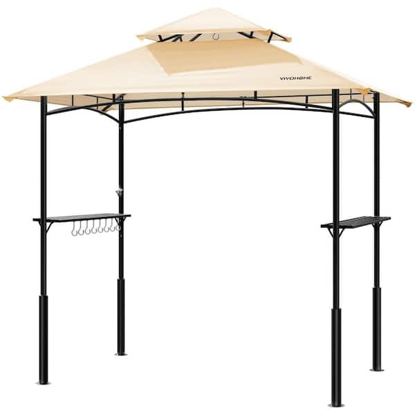 8 ft. W x 5 ft. D Steel Frame Beige Double Roof BBQ Gazebo Canopy with Hooks and Side Shelves