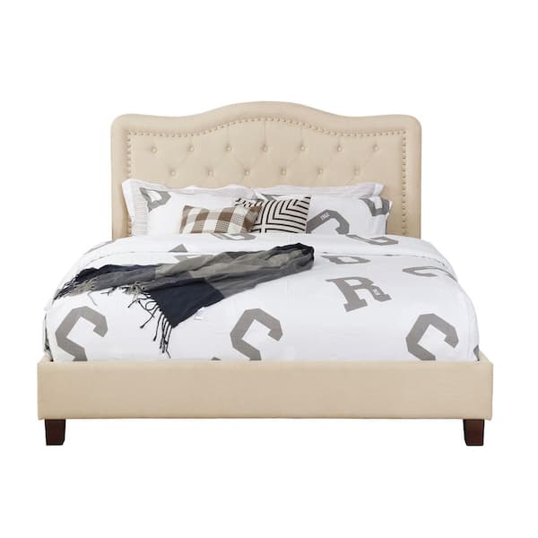 Unbranded Beige Queen Size Upholstered Panel Bed with Nail Head