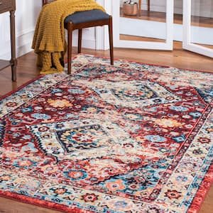 Riviera Red/Blue 5 ft. x 8 ft. Machine Washable Medallion Border Area Rug