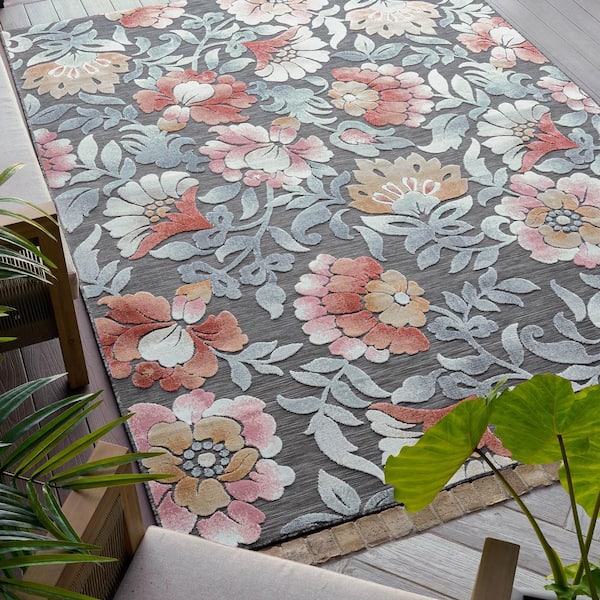 Tayse Rugs Tropic Floral Gray 2 ft. x 3 ft. Indoor/Outdoor Area Rug