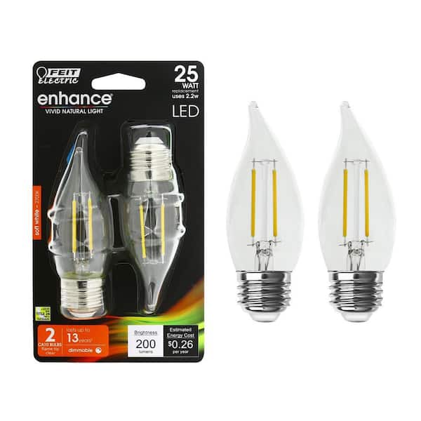 25-Watt Equivalence BA10 E26 Medium Base Dim Filament CEC Clear Glass Chandelier LED Light Bulb Soft White 2700K(2-Pack)