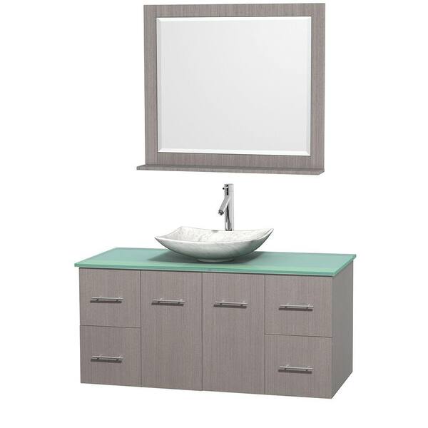 Wyndham Collection Centra 48 in. Vanity in Gray Oak with Glass Vanity Top in Green, Carrara White Marble Sink and 36 in. Mirror