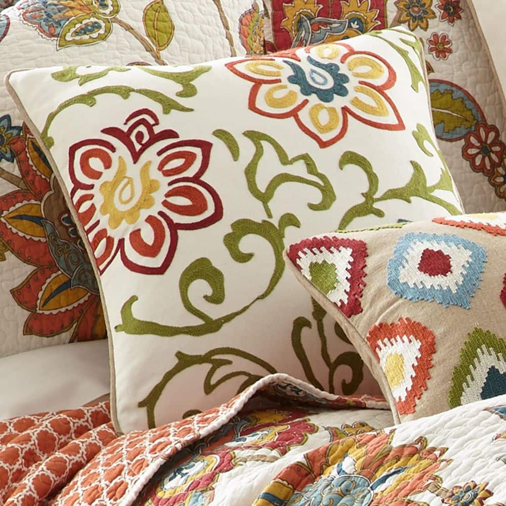 18" Multicolor Embroidered Floral Feather Throw Pillow