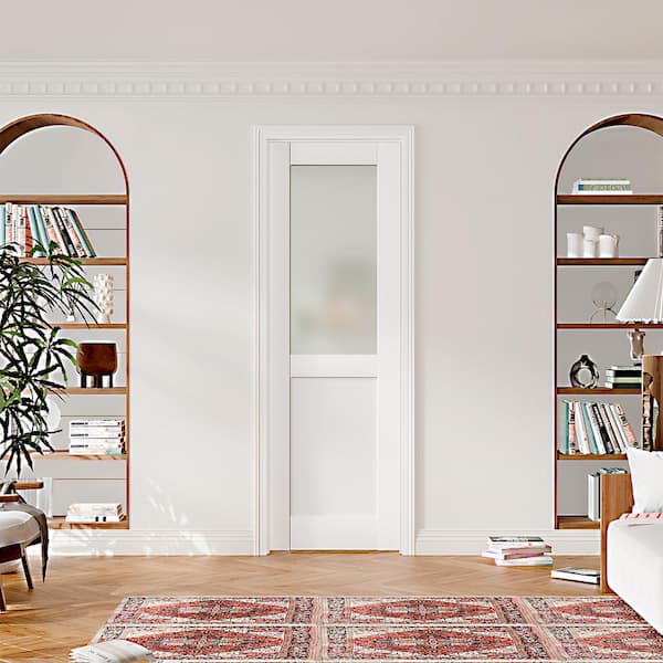 28 in. x 80 in. 1/2 Lite Frosted Glass, White Primed, Composite Prehung Interior Door Left-Handed with Jamb and Hardware