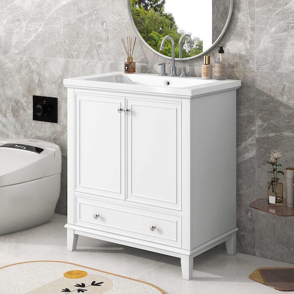 30 in. W Single Sink Freestanding Bath Vanity in White with White Ceramic Top, 2 Doors and 1 Drawer
