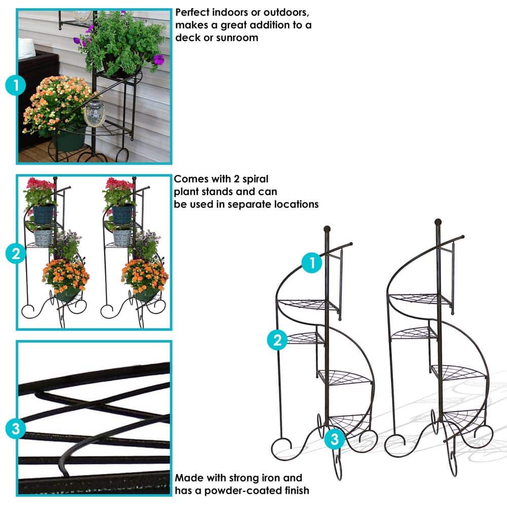 56" Black Iron 4-Tier Spiral Staircase Plant Stand Set