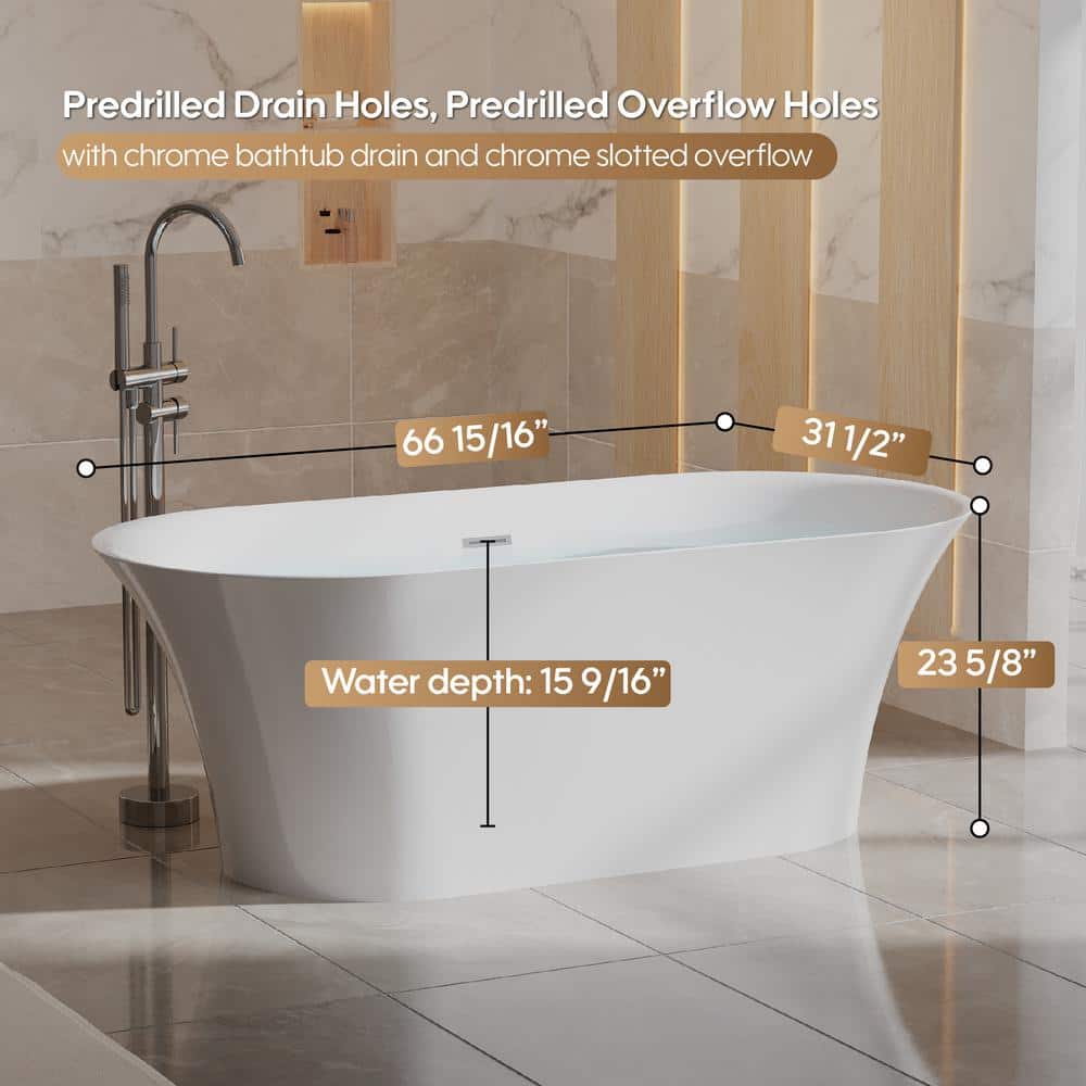 67-Inch Glossy White Acrylic Freestanding Soaking Bathtub with Chrome Drain