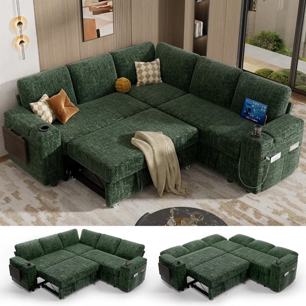 85" 5 Seat L Shaped Modular Sectional Couch with Pull Out Bed, Sleeper Sofa Bed with Storage Chaise&Arms for Living Room