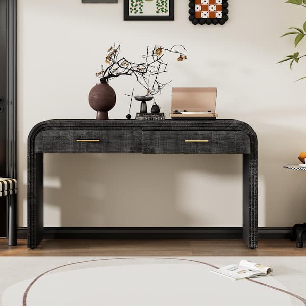 Magic Home 59 in. Antique Black Unique Retro Silhouette Rectangle Wood Console Table with 2-Top Drawers for Entrance, Dining Room