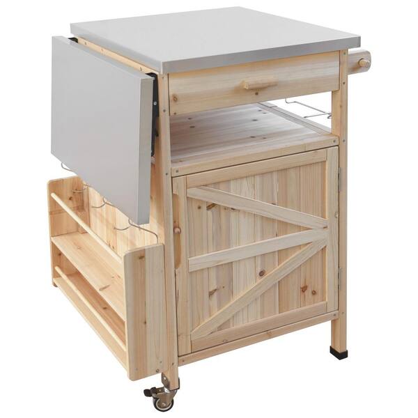 OLUMAT 40.5 in. W Natural Farmhouse Solid Wood Outdoor Kitchen Island Grill Cart with Stainless Steel Top and One Drawer