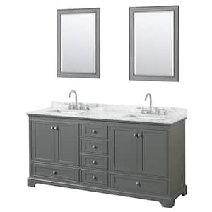 72 in. W x 22 in. D Vanity in Dark Gray with Marble Vanity Top in Carrara White with White Basins and 24 in. Mirrors