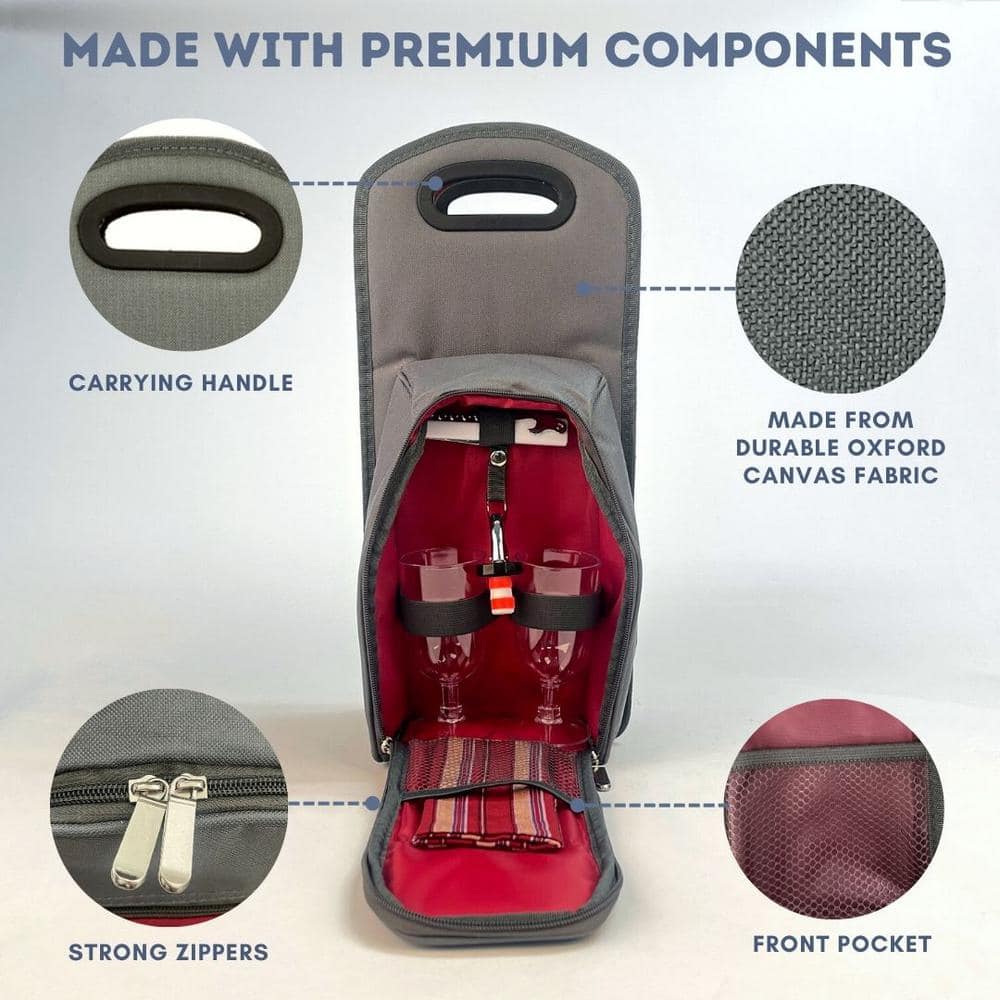 Gray and Red 7-Piece Insulated Picnic Tote Set with Wine Carrier