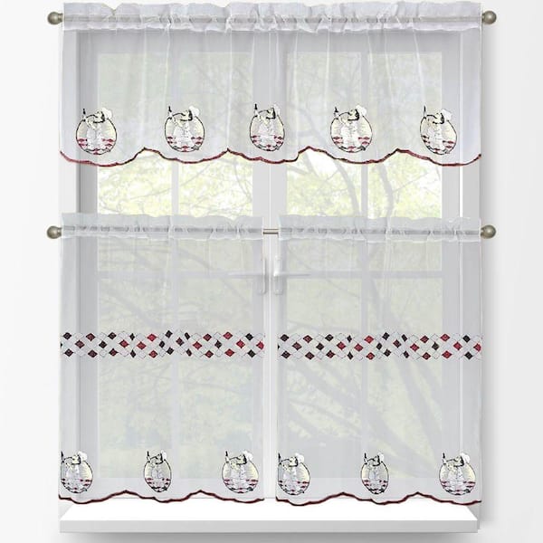 Window Elements Sheer Happy Chef Embroidered 3-Piece Kitchen Curtain Tier and Valance Set