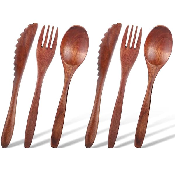 6-Piece Reusable Nanmu Wood Cutlery Set, Wooden Spoon Fork Knife Flatware for Home and Camping Utensil