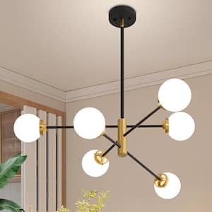 6-Light Vintage Black and Gold Sputnik Chandelier for Living Room, Ceiling Lights with Glass Shade, Bulb Not Included