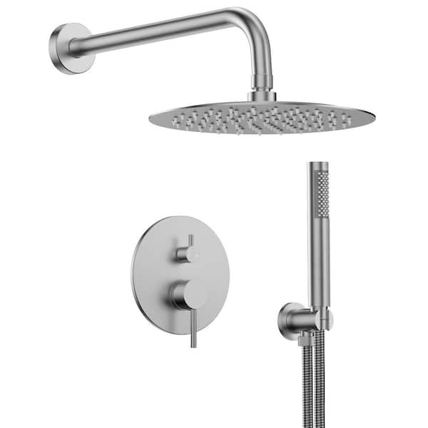 2-Spray Patterns Round 10 in. Wall Mount Dual Shower Heads with Handheld in Brushed Nickel