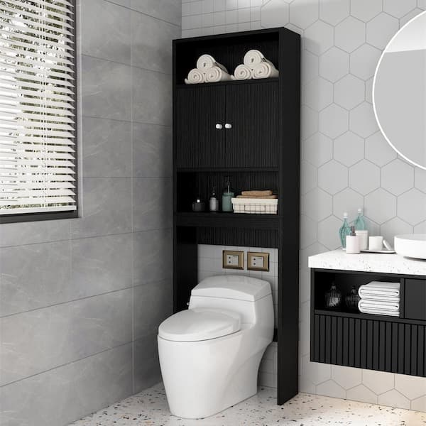 FUNKOL Bathroom Version Black 3-Shelf MDF Wooden Storage Cabinet, Toilet Can Be Placed Inside the Cabinet