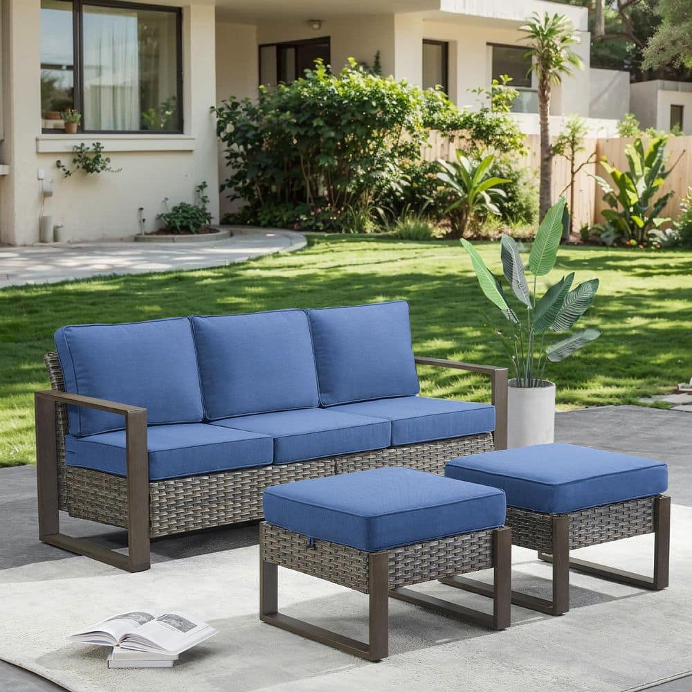 CubeEdge 3-Piece Gray Wicker Patio Conversation Set with Olefin Blue Cushions and Ottomans price history on PriceWatchPro
