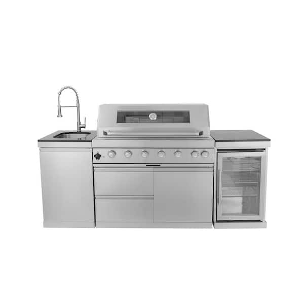 43 in. Deluxe 6-Burner Propane Gas Grill Island Outdoor Kitchen with Rotisserie Kit Refrigerator Sink in Stainless Steel
