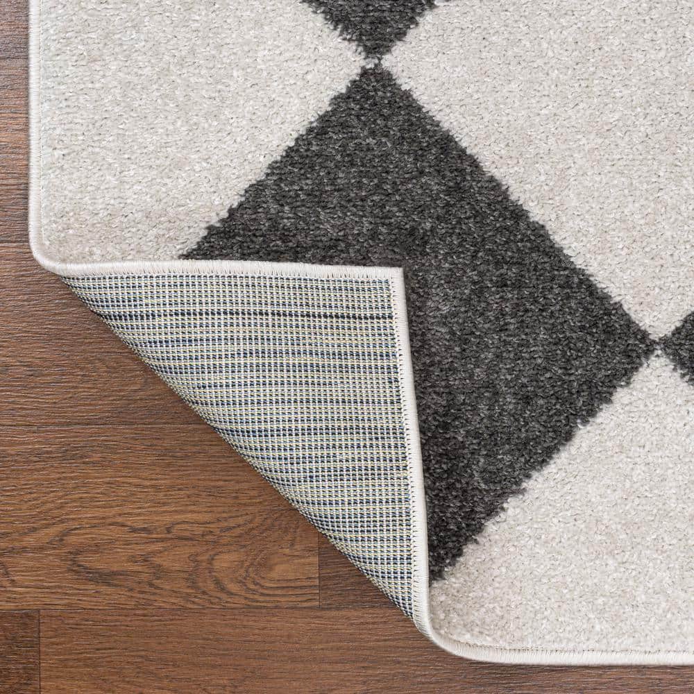 White and Dark Gray Geometric Synthetic Runner Rug, 2 x 8 ft.