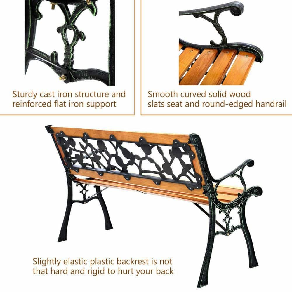 Yellow Cast Iron and Hardwood Outdoor Garden Bench with Rose Design
