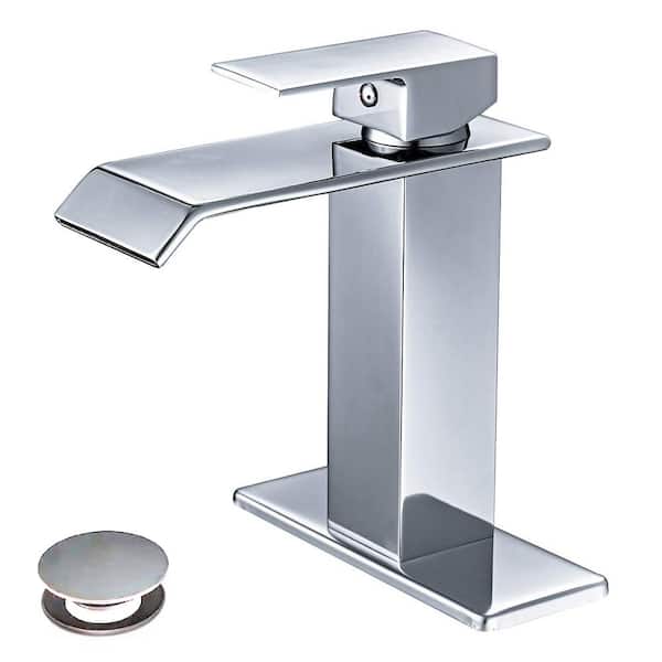 HOMEMYSTIQUE Single-Handle Waterfall Single-Hole Bathroom Sink Faucet with Pop-Up Drain Kit and Deckplate Included in Polished Chrome