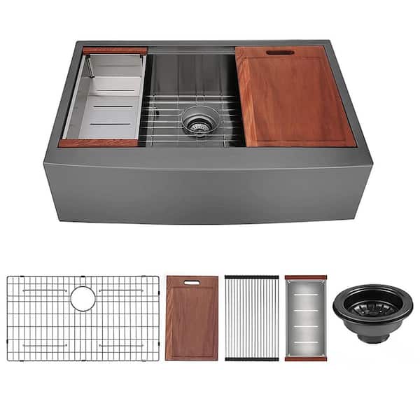 JimsMaison Black Stainless Steel 33 in. Single Bowl Farmhouse Apron Workstation Kitchen Sink with Bottom Grid