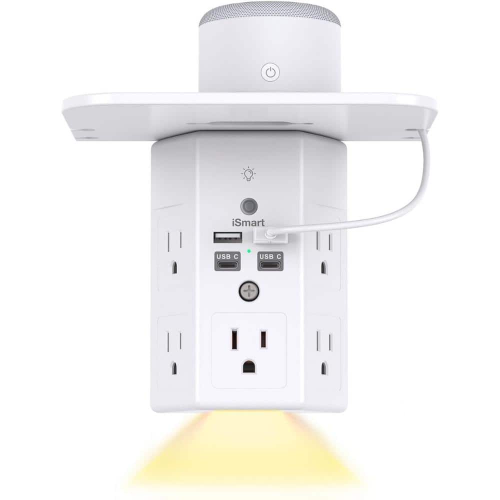 5-Outlet Power Strip Surge Protector with Night Light, Outlet Shelf and 4 U