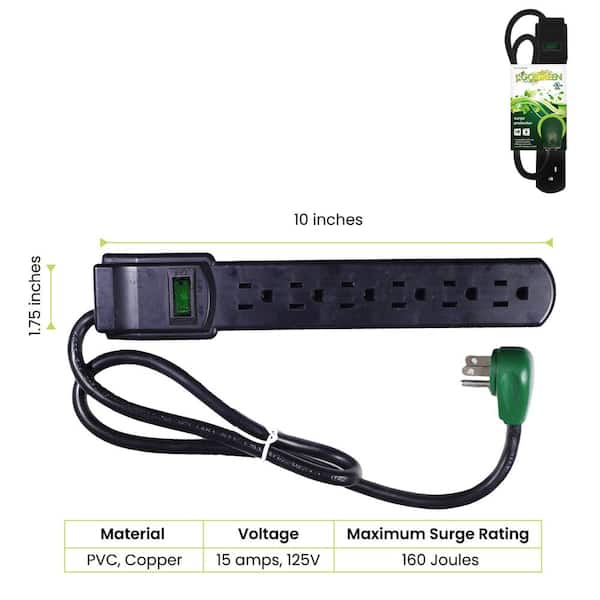 GoGreen Power 6 Outlet Surge Protector with 3 ft. Heavy Duty Cord