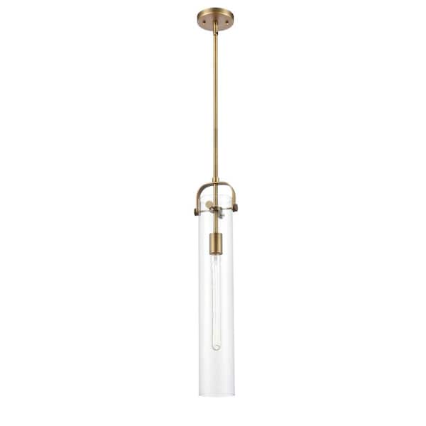 Innovations Pilaster 100-Watt 1 Light Brushed Brass Shaded Pendant Light with Clear glass Clear Glass Shade