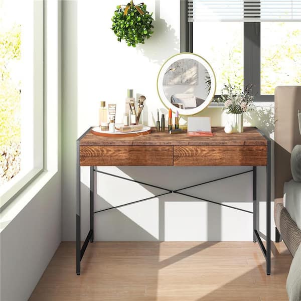 44 in. Rectangular Brown Metal/Wood 2 Drawer Computer Desk