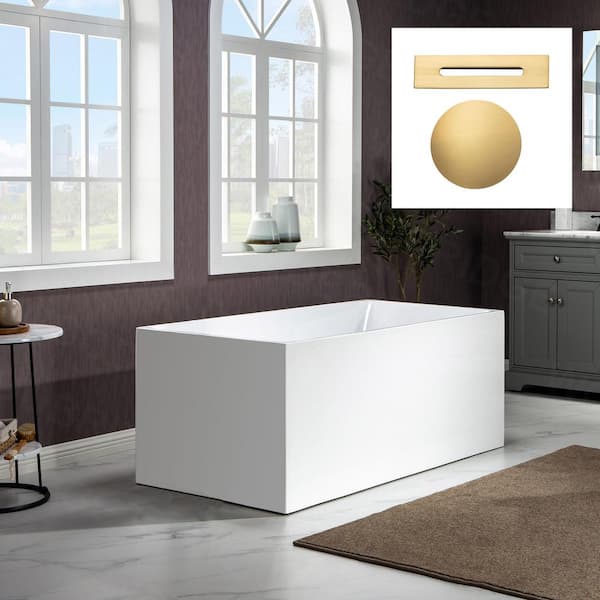 WOODBRIDGE Hoboken 67 in. Acrylic FlatBottom Rectange Bathtub with Brushed Gold Overflow and Drain Included in White