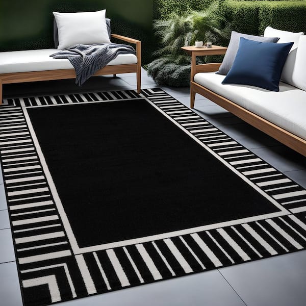 Edge Black 8 ft. x 10 ft. Rubber Back Washable Geometric Border Indoor Outdoor Patio Area Rug