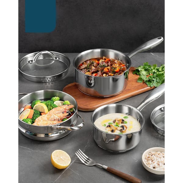 Stainless Steel Sauce Pot Set with Steamer 5Pcs, 18/10 Saucepan Set w/ Pour Spout & Strainer Glass Lids  - 1 qt. & 2 qt.