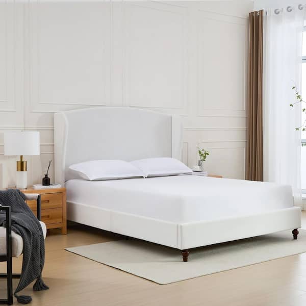 Arlo Modern Cream White Chenille Upholstered Metal Frame King Size Platform Bed with Wingback Headboard